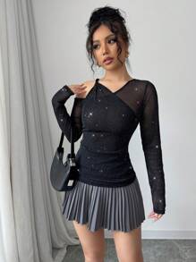 Elenzga 新款斜肩修身女式T恤，修身 - 黑色 - 查看 4