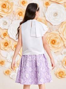 SHEIN 2pcs/Set Tween Girls Casual Stand Collar Asymmetric Ruffle Sleeveless Blouse & Jacquard Skirt Outfit - Mauve Purple - View 2
