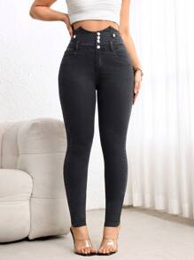 SHEIN LUNE Women's Simple Front Button Pocket Jeans, Casual Daily Wear - Black - View 5