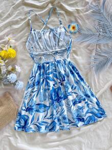 Soleia Vestido Slip Curto Estampado com Flores Azuis, Sem Costas, Verão e Primavera - Azul e Branco - Visão 2