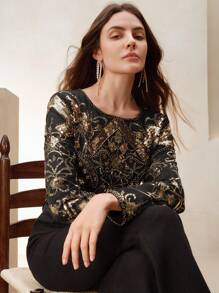 Anewsta Blusa de manga larga con cuello redondo y gráfico de lentejuelas para mujer - Dorado - Ver 1