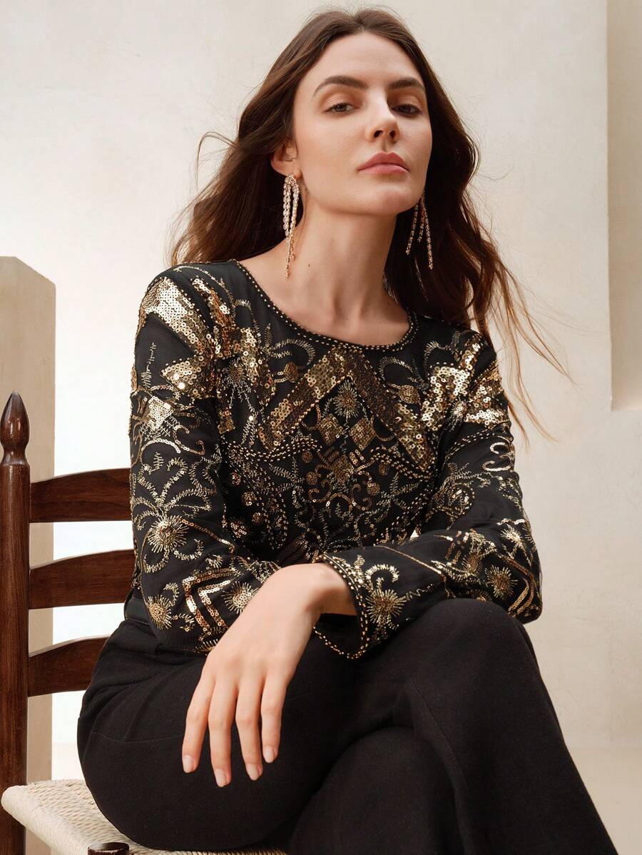 Anewsta Blusa de manga larga con cuello redondo y gráfico de lentejuelas para mujer - Dorado - Ver 1