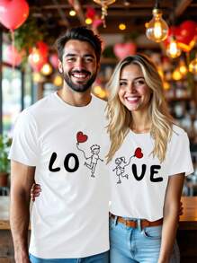 SHEIN LUNE 情人节LOVE休闲心形图案圆领短袖T恤女款，适合夏季 - 白色 - 查看 1