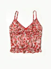 INAWLY Cherry Lace Print Sexy Spaghetti Strap Crop Cami Top, Red - Red - View 4