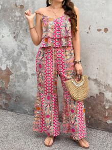 Breezaya Ensemble 2 pièces grande taille pour femmes, top à fines bretelles réglables à imprimé floral bohème et pantalon à taille élastique, adapté pour les vacances et la vie quotidienne, pour l'été - Multicolore - Voir 3