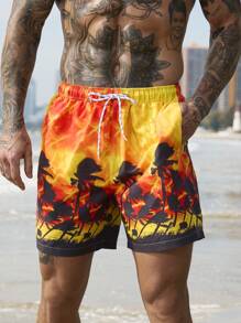 Surfspeed Men's Casual Plant Print Front Tie Beach Shorts, Vacation Style Man Swim Trunks