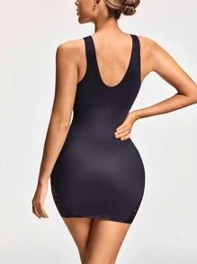 SHAPORA 女士 V 领无袖透视拼接简约修身连衣裙 - 黑色 - 查看 2