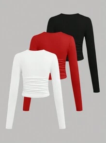 SHEIN Girlism 3-Piece Teen Girl Solid Color Crew Neck Ruched Long Sleeve T-Shirt Set, Lined For Added Warmth - Red - View 2