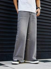 Manfinity Homme Men's Simple Straight Leg Jeans With Pockets, Casual Everyday Wear - Grey - View 6