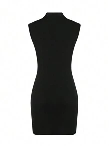 Elenzga 女士迷你立领镂空针织黑色紧身连衣裙 - 黑色 - 查看 2