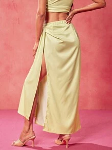 Oxana 设计师浅黄色花卉印花高腰侧褶奶油黄美人鱼裙，情人节，节日 - 彩色 - 查看 3