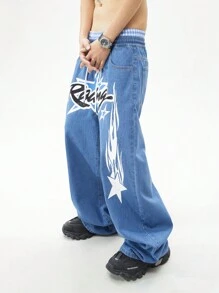 ROMWE MEN Prep Men's Lace-Up Pocket Letter Print Casual Plain Jeans