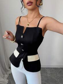 SHEIN PETITE 女士撞色纽扣装饰开衩下摆休闲吊带背心图案 T 恤女士上衣