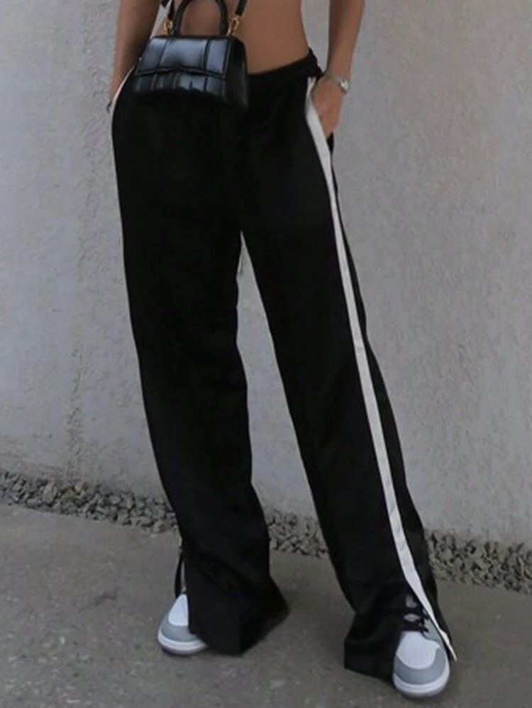 Women Plain Color Patchwork Minimalist Pocket Casual Loose Pants