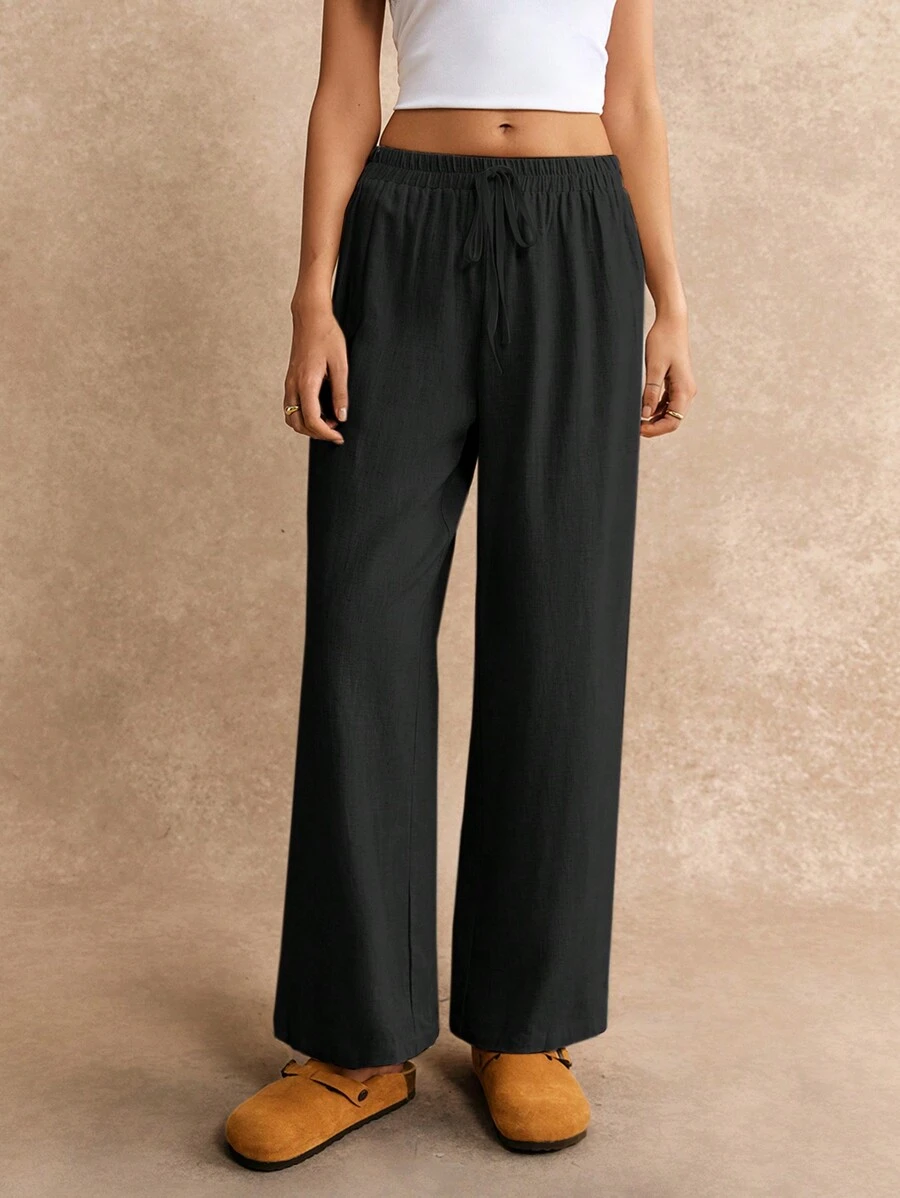 SHEIN Frenchy Knot Waist Palazzo Trousers - Black - View 1