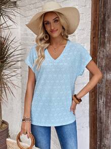 EMERY ROSE Camiseta de mujer con cuello en V liso, manga de murciélago y bordado desteñido