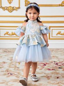 SHEIN Baby Girl Halter Neck Cold Shoulder Ruffle Hem Jacquard Spliced Mesh Panel Dress - Blue - View 3