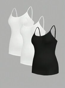 SHEIN Essnce 女士加大码基础款吊带背心，3 件装优雅细肩带背心，黑白吊带衫 - 黑與白 - 查看 7