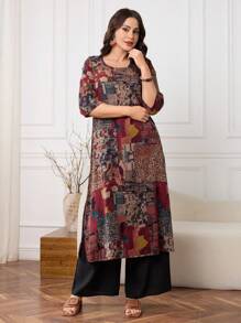 Lacomfia Asymmetrical Hemline Printed Shirt Dress, Round Neck, Spring/Summer - Multicolor - View 3