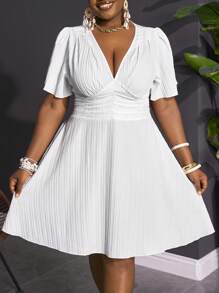 Slaydiva 2025 New Rave/Easter Outfit, Old Money Style, Country Concert Outfit, Going Out Outfit, Fairycore, Festival Outfit, Tropical Vacation Clothes, Summer Outfit For Women, Summer, Rave, European Summer, Spring Outfit, Western Wear Plus Size, Concert, Graduation Outfit, Versatile Daily Casual Simple Sexy/Minimalist Plus Size, White Casual Ruffle Sleeve V-Neck Mini Dress