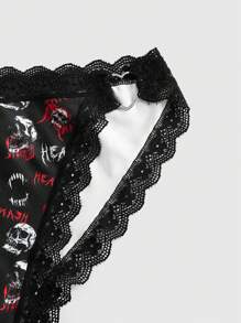 ROMWE 3pcs/Set Gothic Punk Style Skeleton, Wing, Spike Pattern Lace Heart & Triangle Panties Combination - Black - View 4