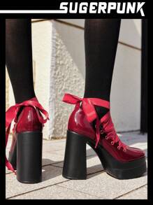 Sugerpunk Satin Ribbon Pointy Toe Patent Leather Platform Pumps, Punk Style Suitable For Daily, Campus, Street, Party Wear - Burgundy - View 7
