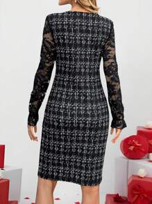 EMERY ROSE Vacation Outfits Woman  Lace Patchwork Long Sleeve Ruffle Hem Fitted Mini Dress - Black - View 2