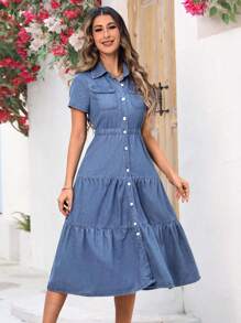 SHEIN LUNE Women's Short Sleeve Utility Pocket Single-Breasted Casual Denim Dress