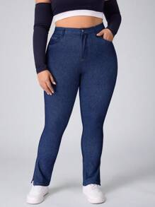 SHEIN Essnce Pantalones largos extra de mezclilla con estiramiento y abertura en el bajo, efecto estilizante, talla grande para mujer - Azul - Ver 3