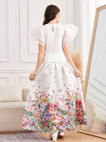 SHEIN 2pcs/Set Elegant Knit Jacquard Splice Mesh Ruffle Sleeve Casual T-Shirt And Woven Printed Skirt, For Teen Girls Spring/Summer, Festival, Party - White - View 2