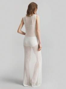Ontre Robe longue sans manches transparente de couleur unie 2025 pour femmes, style minimaliste décontracté, tenue de villégiature, robe en tricot ajourée, convient pour les vacances dans les îles