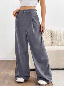 SHEIN Unity Pantalones de pierna ancha plisados con textura de rayas en gris oscuro - Gris Oscuro - Ver 3