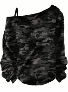 SHEIN Essnce 女士休闲迷彩印花单肩带长袖 T 恤，适合春秋季节