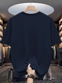 Manfinity Dauomo 男士休闲字母印花圆领短袖T恤，夏季 - 藏蓝色 - 查看 2