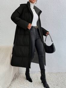 SHEIN Frenchy Solid Color Hooded Belted Long Black Padded Jacket