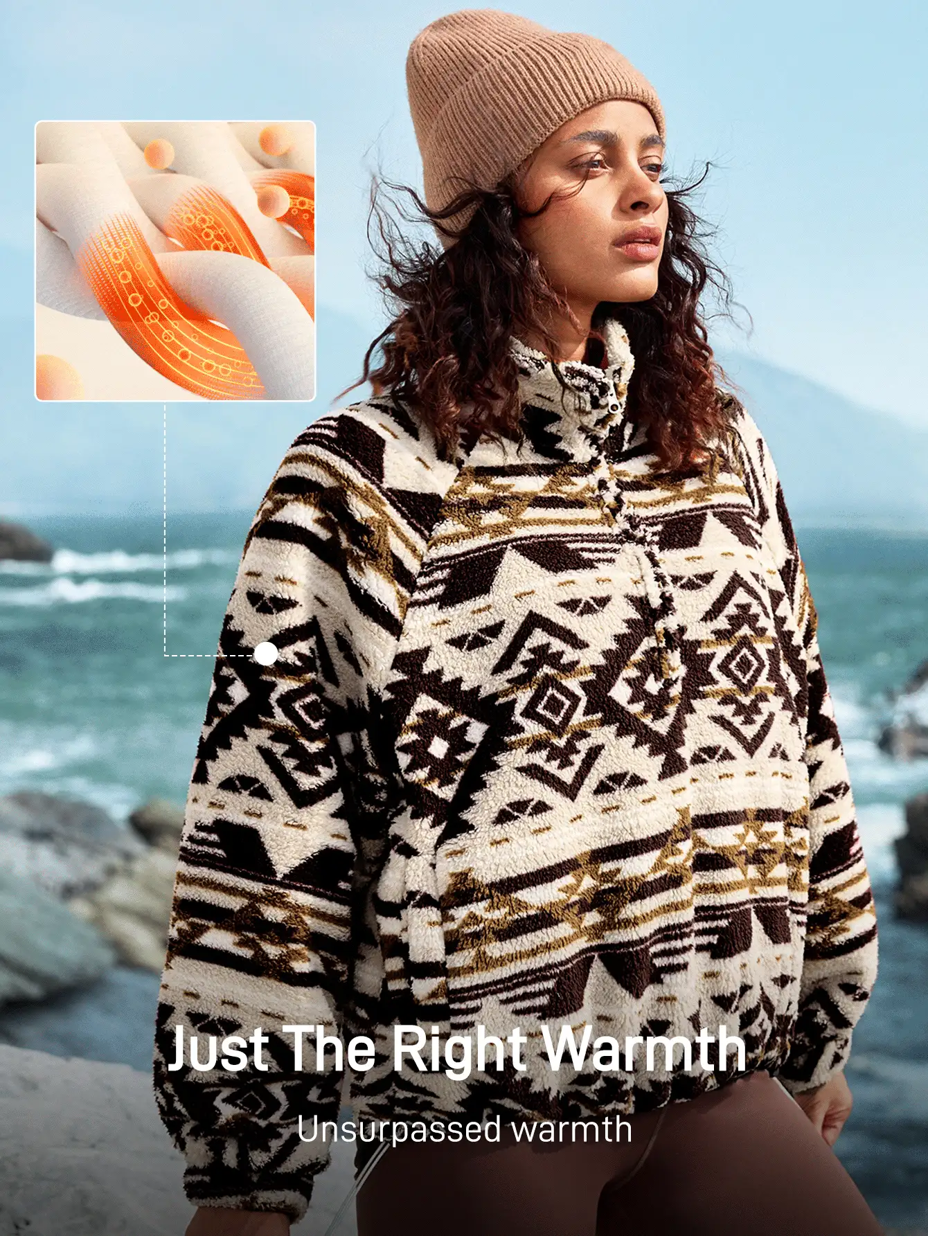 In My Nature 女式几何图案插肩袖长袖拉链部分翻领蓬松户外运动衫，秋冬 - 彩色 - 查看 4