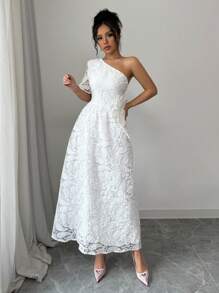 Chiquease White Lace Asymmetric Neck Embroidered Elegant Cocktail Dress
