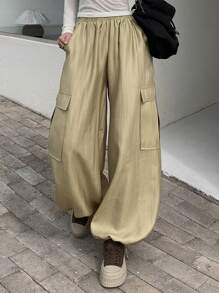 DAZY 女士高腰宽松口袋抽绳哈伦裤，休闲阔腿百搭长裤，春夏