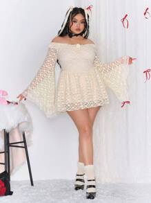 ROMWE Kawaii Plus Size Sweet Palace Style Lace Off Shoulder Flare Sleeve Dress
