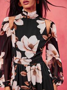 Oxana Vestito lungo elegante con maniche a lanterna, collo a lupetto, stampa floreale bohémien nera in chiffon, adatto per vacanze, primavera, matrimoni, festival, concerti, Ibiza e balli - Multicolore - Visualizzare 3