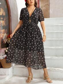 SHEIN Clasi Plus Size Women Ditsy Floral Chiffon Elastic Waist Puff Sleeve Summer Dress, Suitable For St. Patrick's Day, Rave, Festival, Spring Break, Boho - Multicolor - View 4