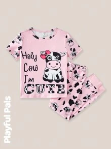 SHEIN Young Girl Round Neck Short Sleeve Graphic Print Simple Top And Leggings Casual Homewear Set - Multicolor - View 5