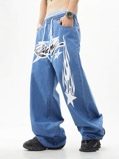 Prep Jeans décontractés simples pour hommes avec lacets, poche et imprimé lettres