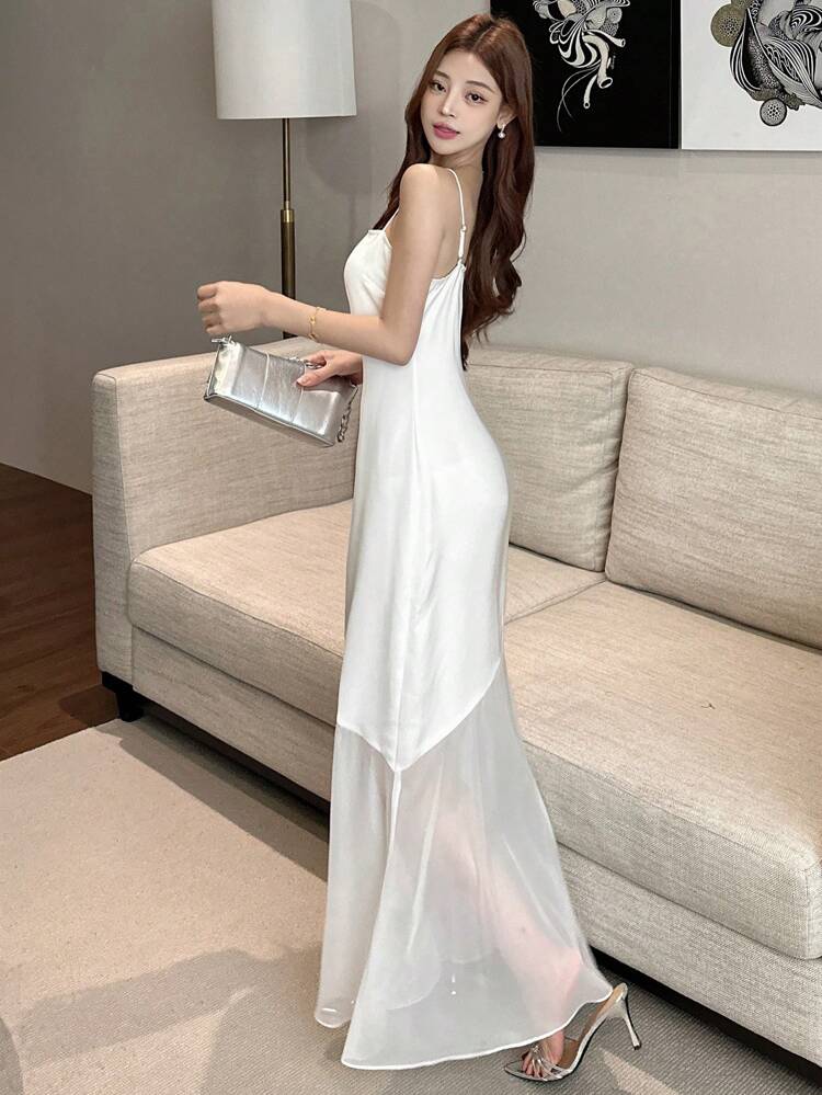 Women's White Sheer Mesh Panel Long Slip Dress, Spring/Summer FirstDateOutfits Elegant,Formal Women Dresses