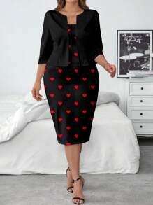 SHEIN Clasi Plus Size Solid Color Jacket & Dress 2 Pieces Set Valentines Outfit - Black - View 3