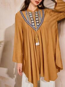 Al Najma Modest Casual Pattern Fringe Trim Arabic Style Top For Women - Yellow - View 4