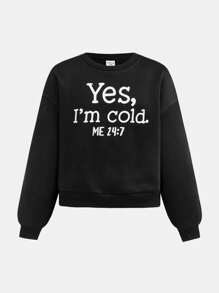 SHEIN Tween-Mädchen 3-teiliges Set Locker sitzendes Sweatshirt mit Rundhalsausschnitt und Buchstabengrafik, Hose aus PU-Leder und dicke Weste mit Stehkragen, lässig und warm - Schwarz - Übersicht 7