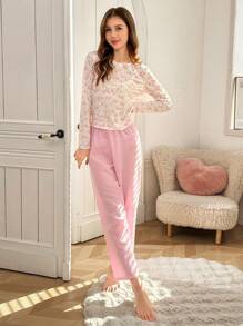 Conjunto de pantalones y top de manga larga con estampado floral petit para adolescentes, de tela texturizada y ajustada, en color rosa a cuadros