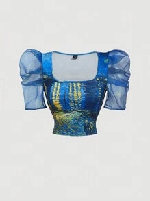 SHEIN MOD Artistic Series, Van Gogh "Starry Night Over The Rhône" Print Shirt, Retro Vintage - Blue - View 2