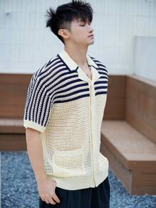 DAZY Asymmetrical Striped Hollow Out Lightweight Cardigan Sweater For Men, Summer - Apricot - View 4